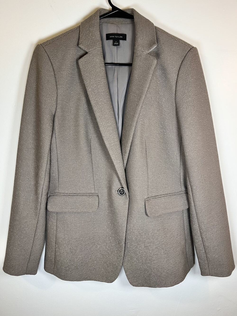 Ann Taylor Textured Knit Blazer Jacket Size 6 Grey Lined Workwear Office Pockets